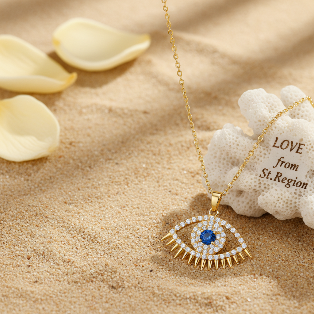 Blue Cubic Zirconia & Goldtone Eye Pendant Necklace