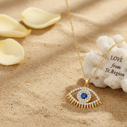 Blue Cubic Zirconia & Goldtone Eye Pendant Necklace