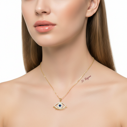 Blue Cubic Zirconia & Goldtone Eye Pendant Necklace