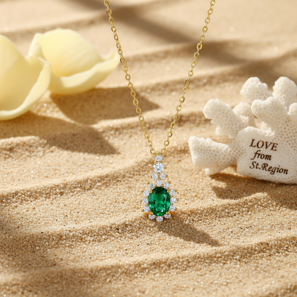Green Crystal & Cubic Zirconia Geometric Pendant Necklace