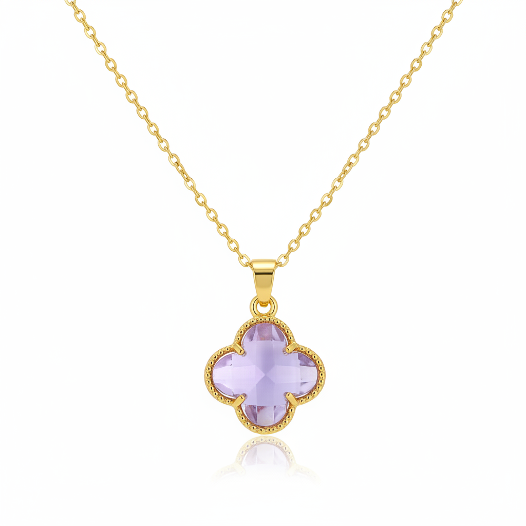 Purple Crystal & Goldtone Quatrefoil Pendant Necklace