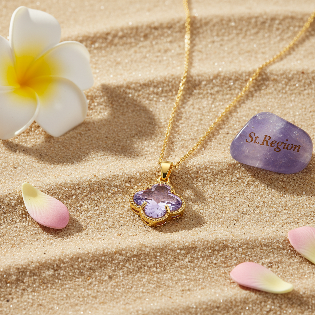 Purple Crystal & Goldtone Quatrefoil Pendant Necklace
