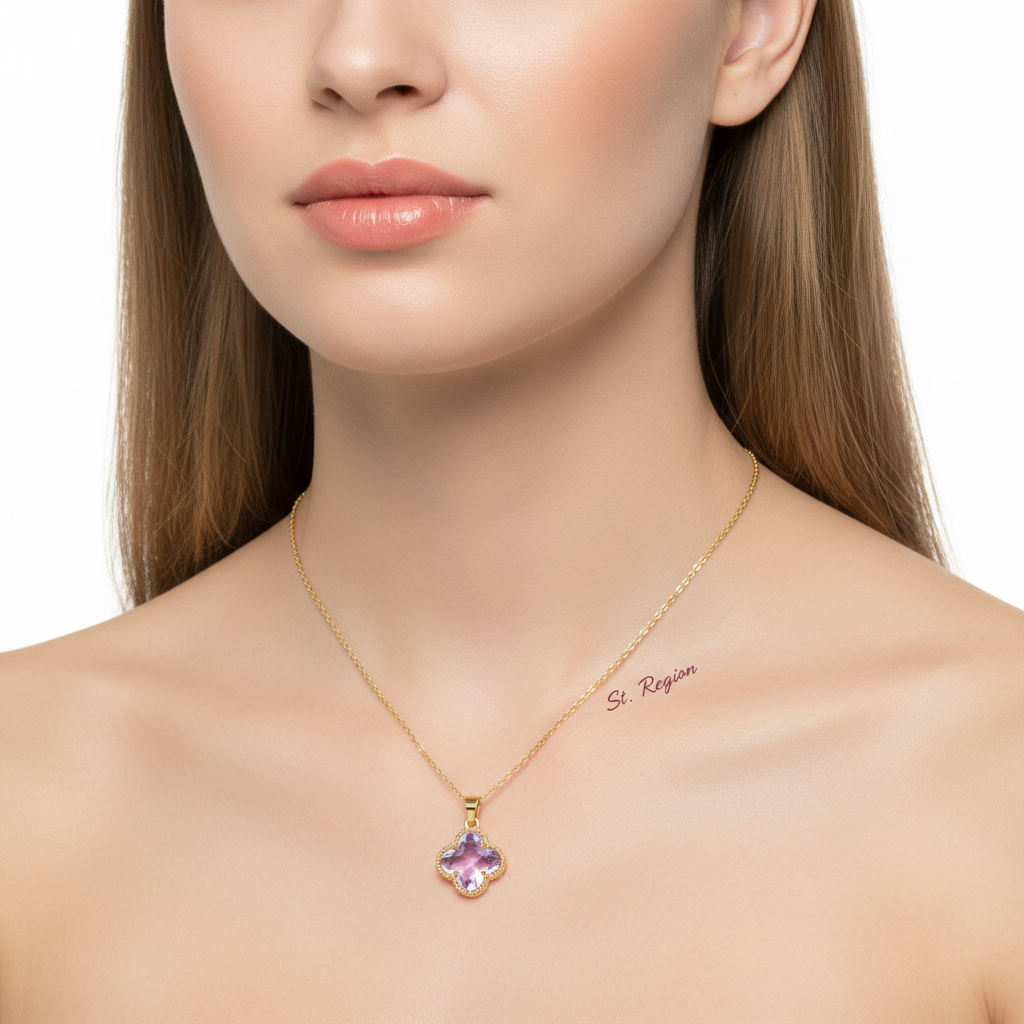 Purple Crystal & Goldtone Quatrefoil Pendant Necklace
