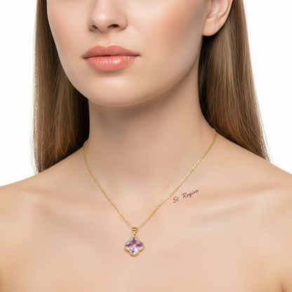 Purple Crystal & Goldtone Quatrefoil Pendant Necklace