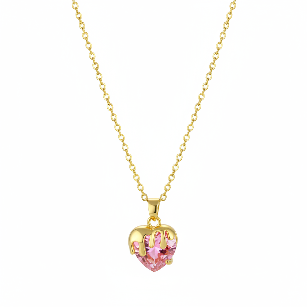 Pink Crystal & Goldtone Heart Pendant Necklace