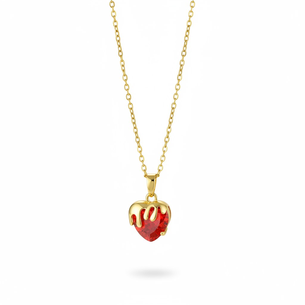 Red Crystal & Goldtone Heart Drip Pendant Necklace