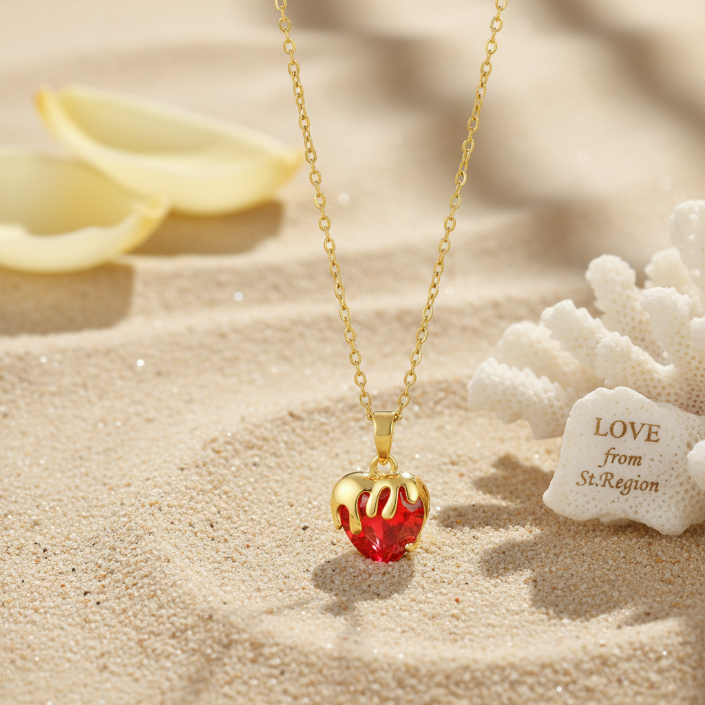 Red Crystal & Goldtone Heart Drip Pendant Necklace