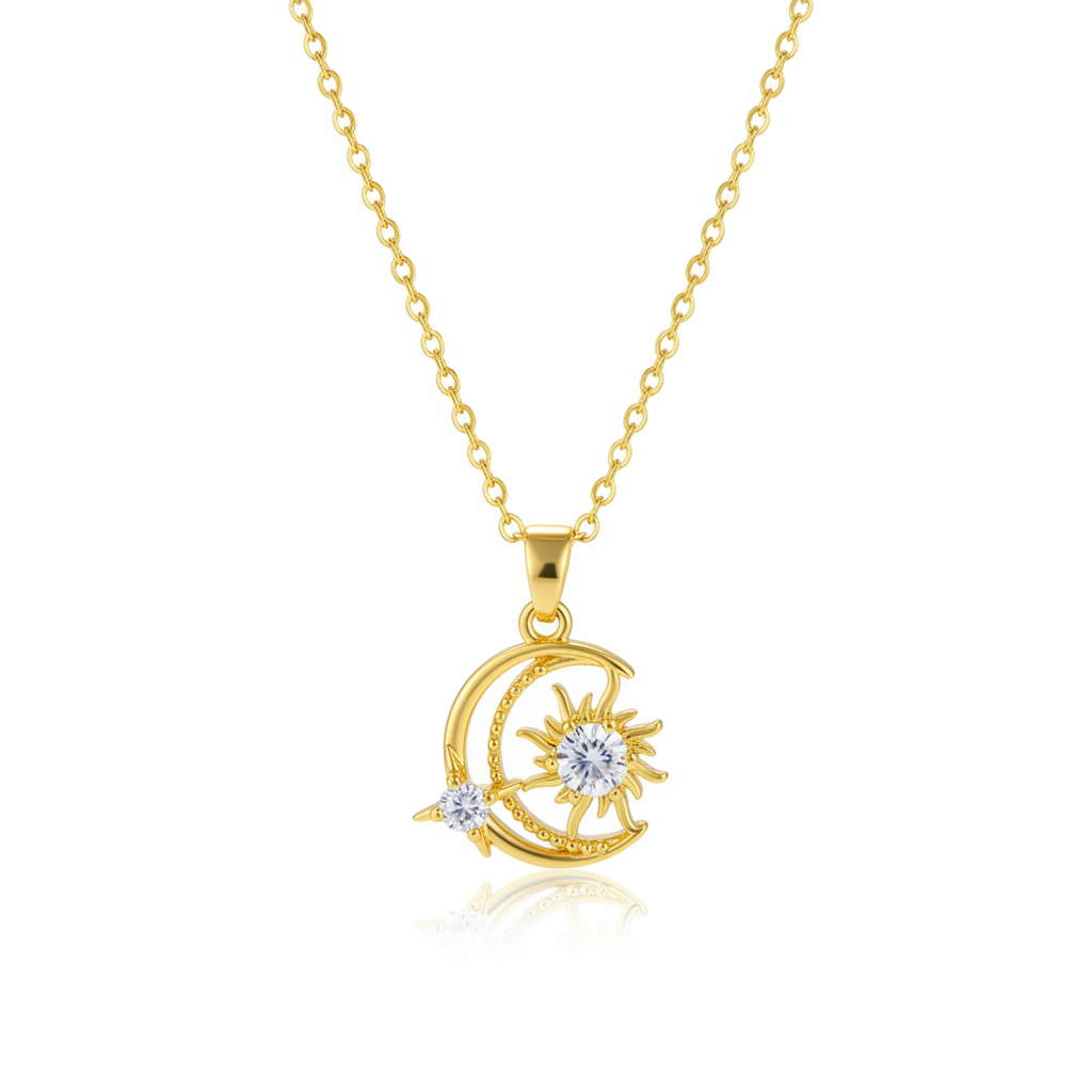 Clear Crystal & Goldtone Moon Sun Pendant Necklace