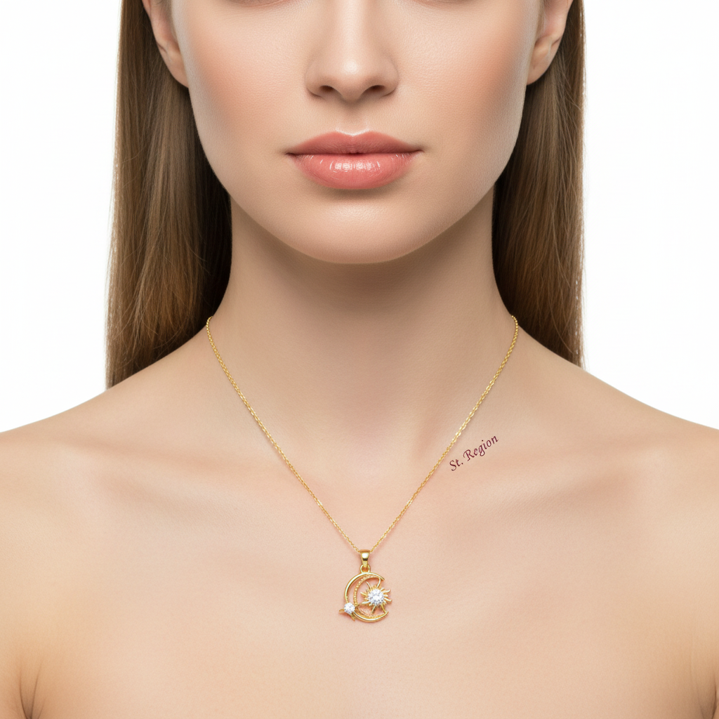 Clear Crystal & Goldtone Moon Sun Pendant Necklace