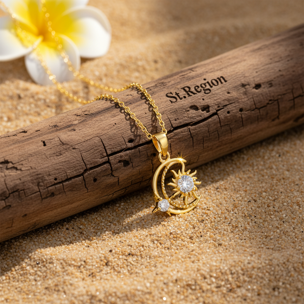 Clear Crystal & Goldtone Moon Sun Pendant Necklace