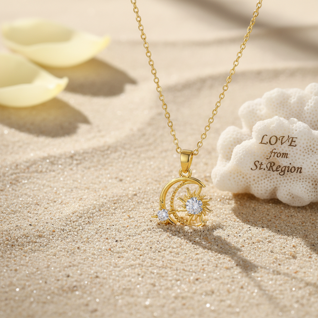 Clear Crystal & Goldtone Moon Sun Pendant Necklace