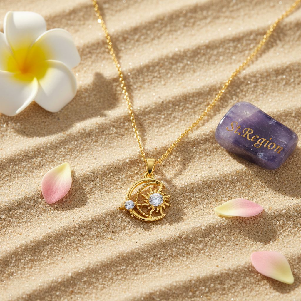 Clear Crystal & Goldtone Moon Sun Pendant Necklace