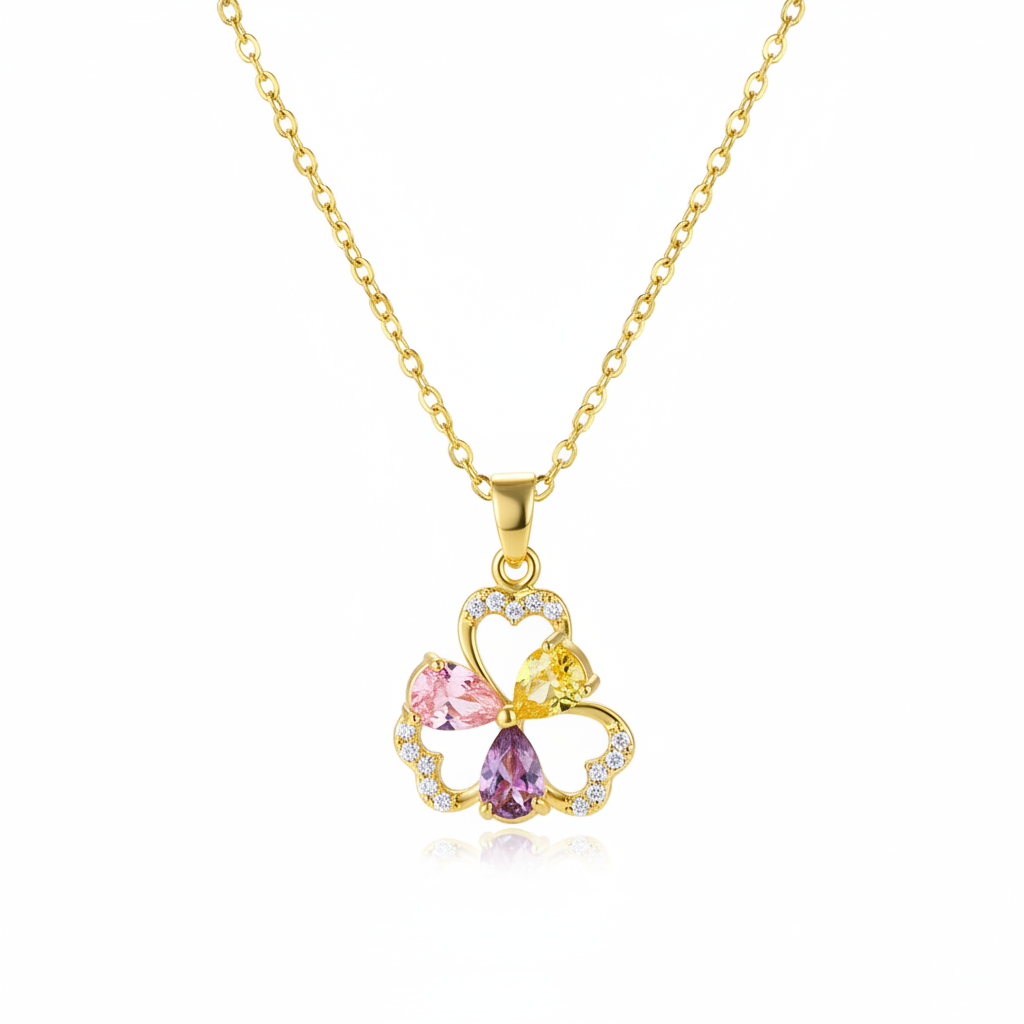 Pink & Yellow Crystal Cubic Zirconia Flower Pendant Necklace