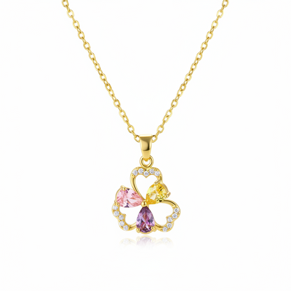 Pink & Yellow Crystal Cubic Zirconia Flower Pendant Necklace