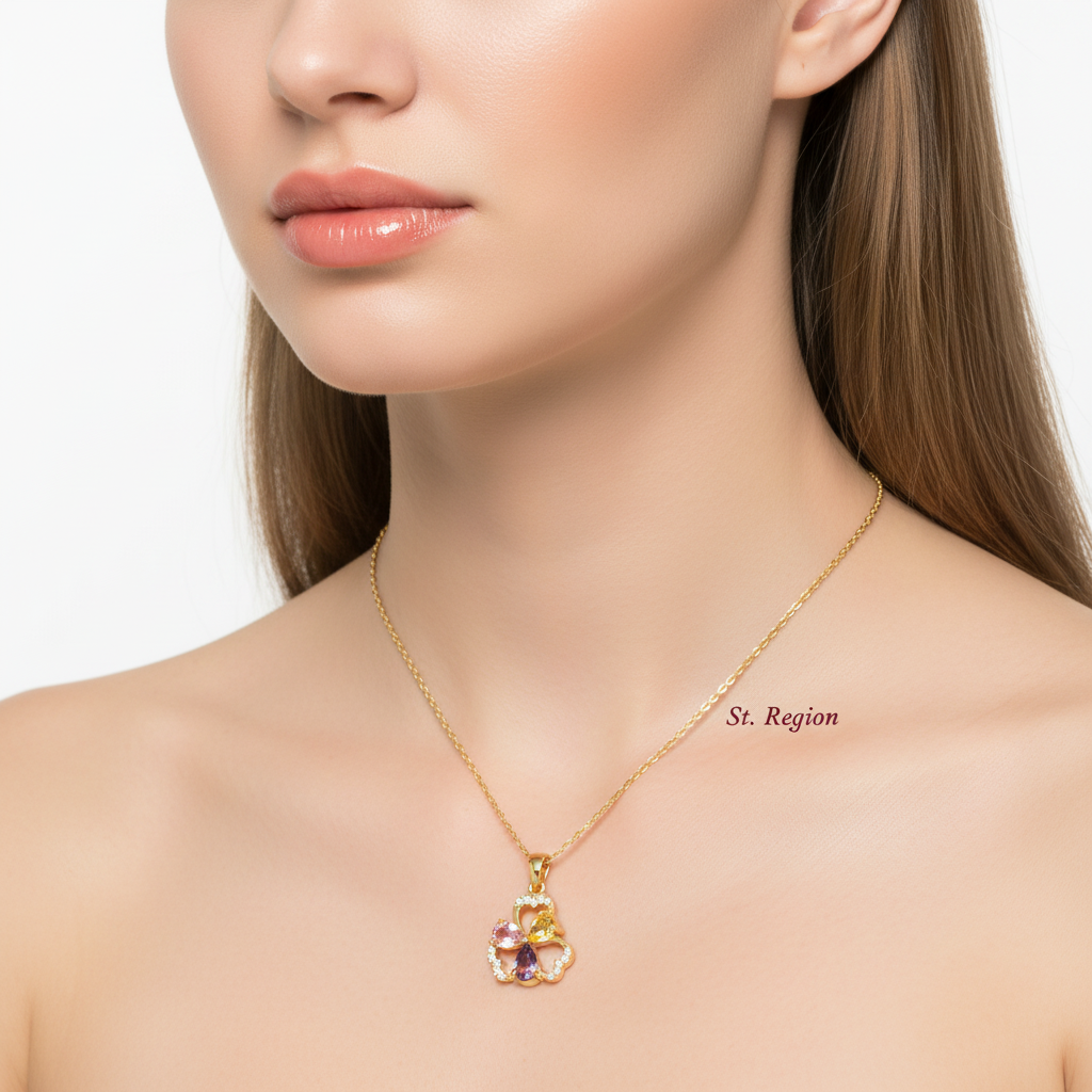 Pink & Yellow Crystal Cubic Zirconia Flower Pendant Necklace