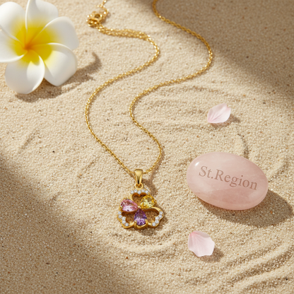 Pink & Yellow Crystal Cubic Zirconia Flower Pendant Necklace