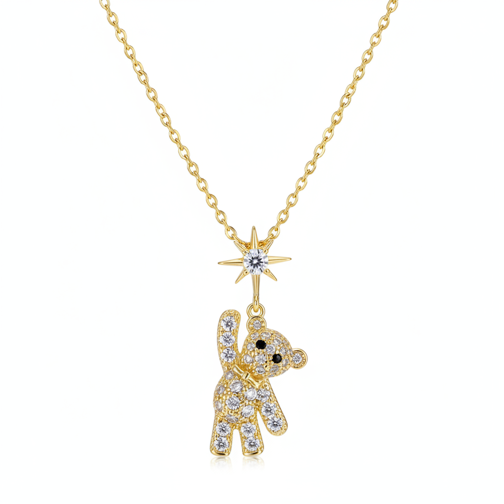 Cubic Zirconia & Goldtone Star Bear Pendant Necklace