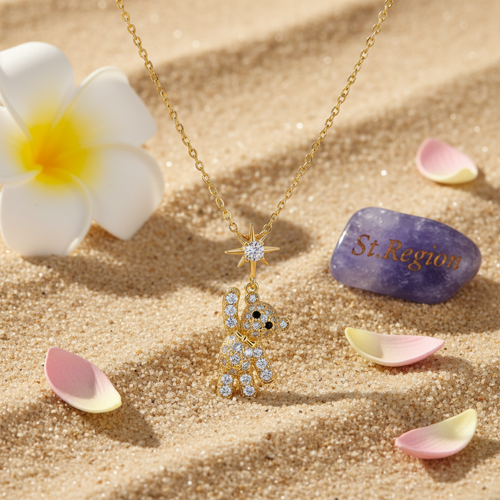 Cubic Zirconia & Goldtone Star Bear Pendant Necklace