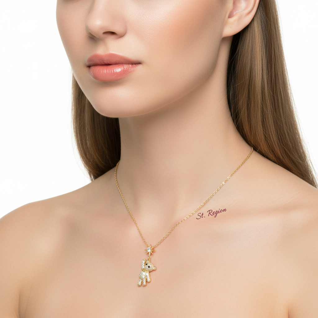Cubic Zirconia & Goldtone Star Bear Pendant Necklace