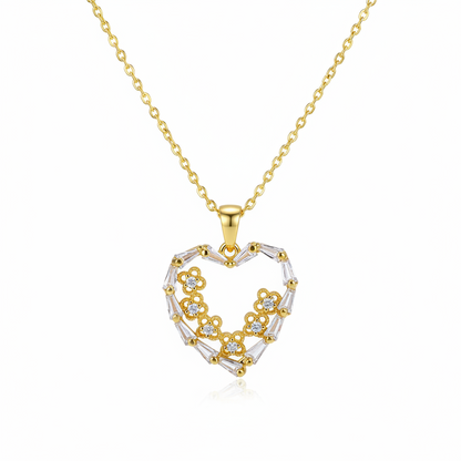 Clear Cubic Zirconia & Goldtone Floral Heart Pendant Necklace