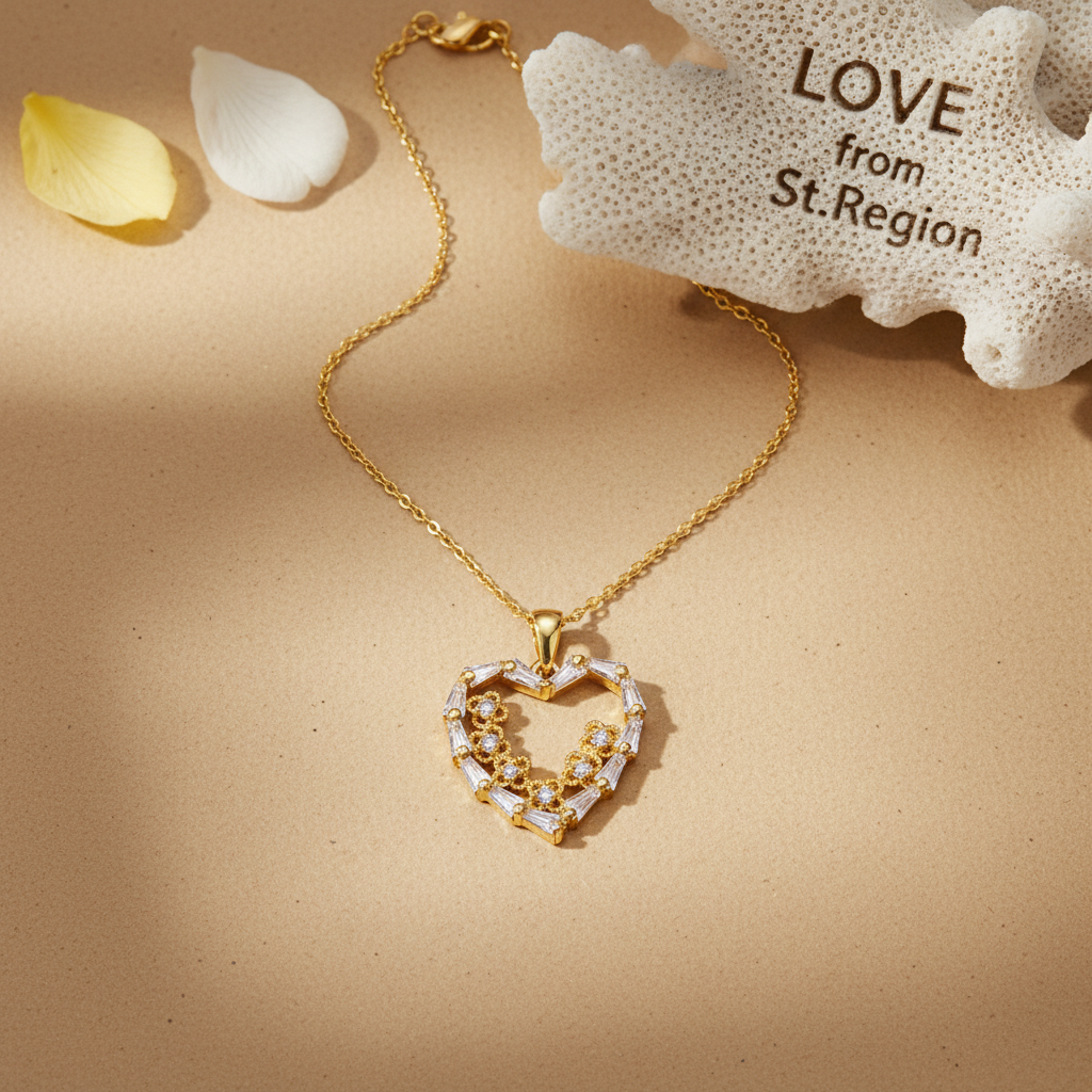 Clear Cubic Zirconia & Goldtone Floral Heart Pendant Necklace