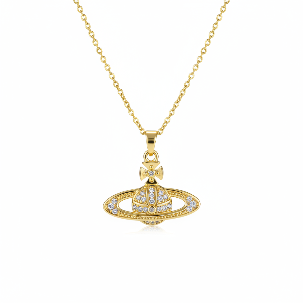 Cubic Zirconia & Goldtone Planet Pendant Necklace