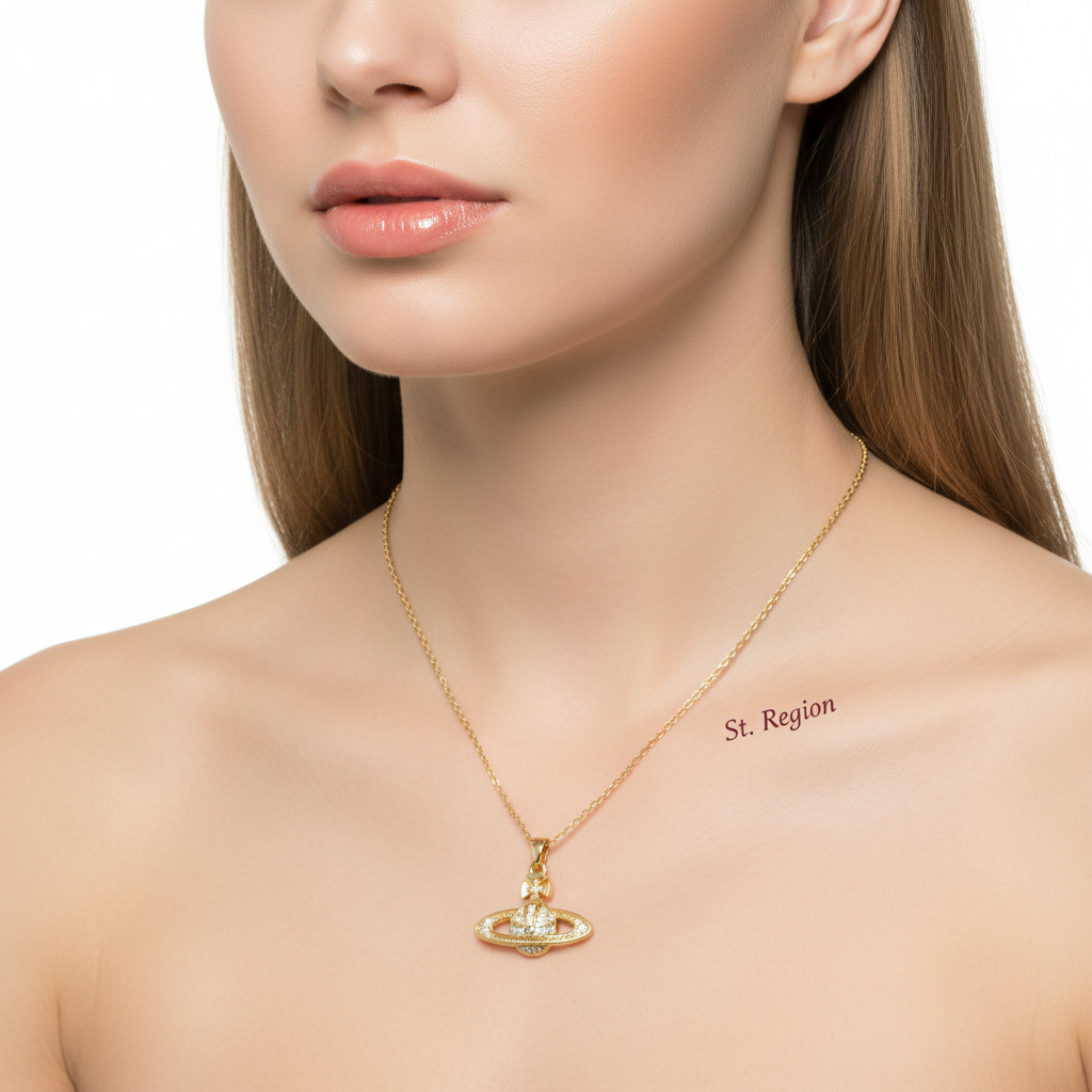 Cubic Zirconia & Goldtone Planet Pendant Necklace
