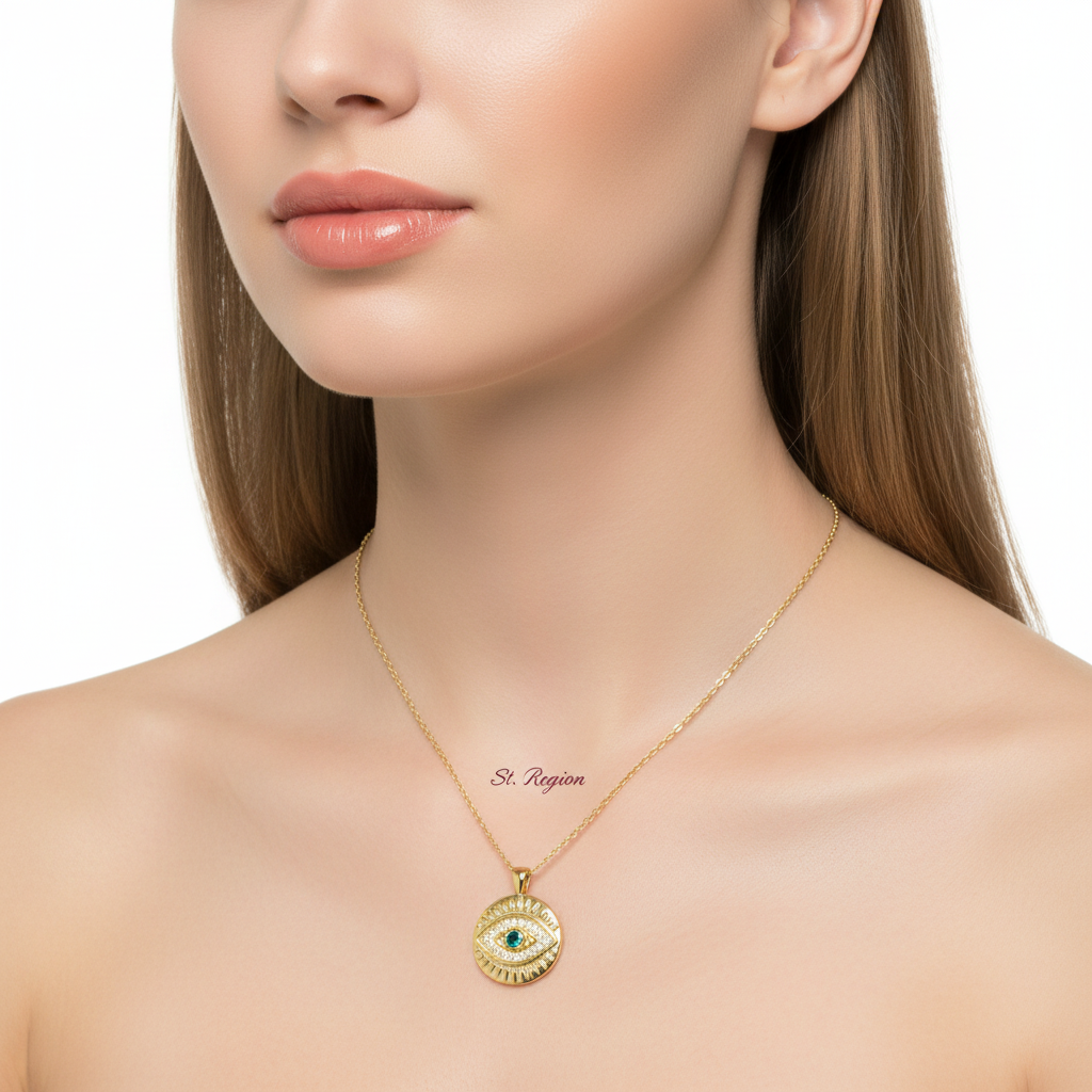 Cubic Zirconia & Goldtone Eye Round Pendant Necklace