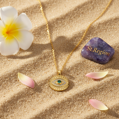 Cubic Zirconia & Goldtone Eye Round Pendant Necklace