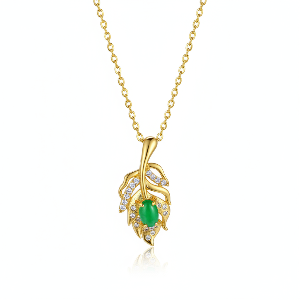 Green Jade & Cubic Zirconia Leaf Pendant Necklace
