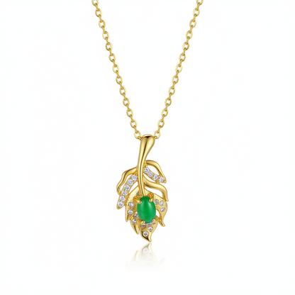 Green Jade & Cubic Zirconia Leaf Pendant Necklace