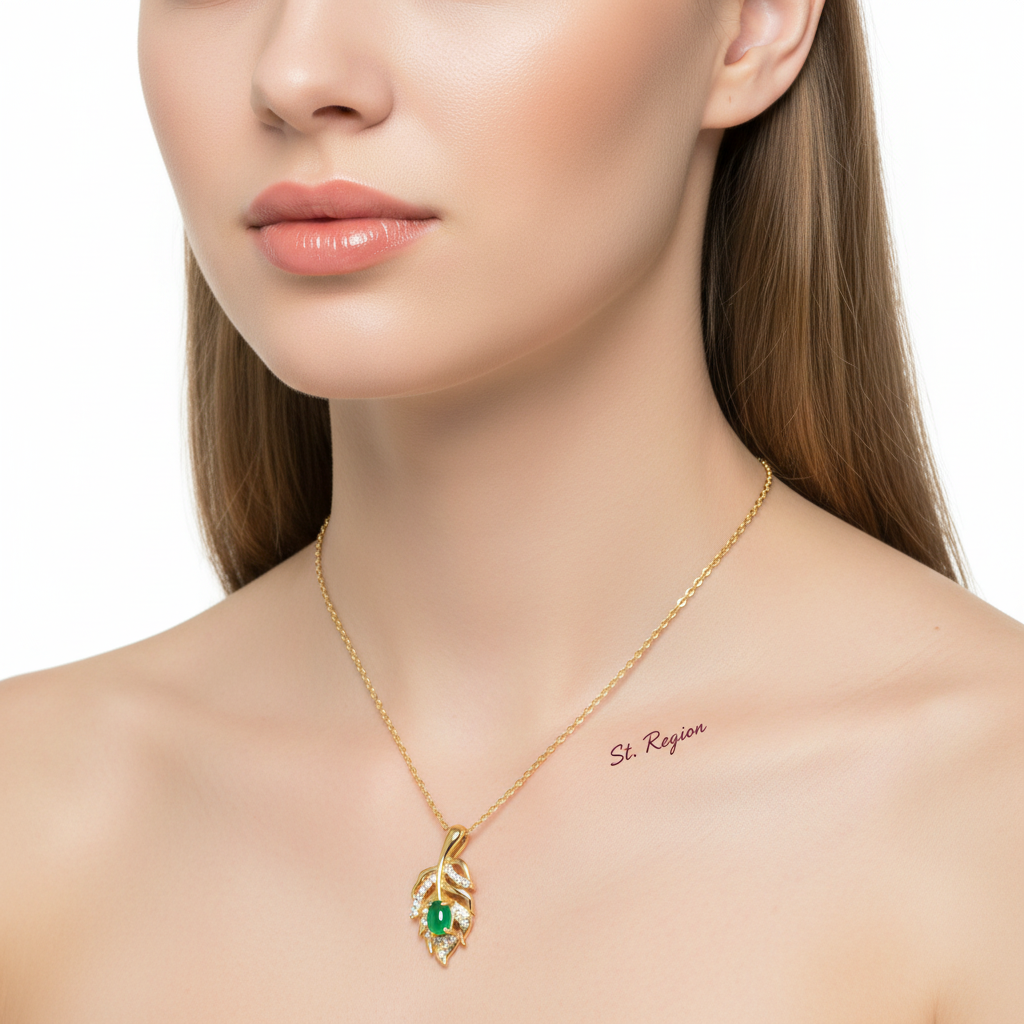Green Jade & Cubic Zirconia Leaf Pendant Necklace