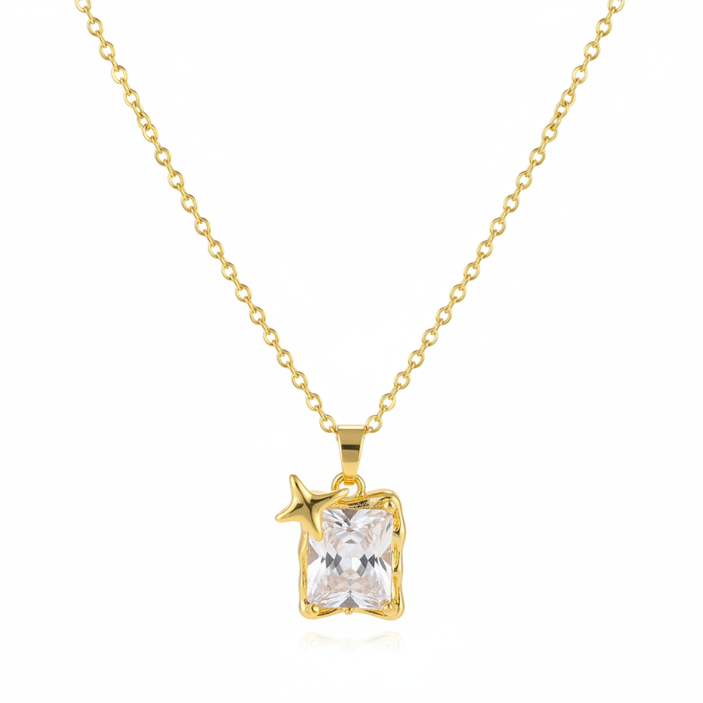 Crystal & Goldtone Star Square Pendant Necklace