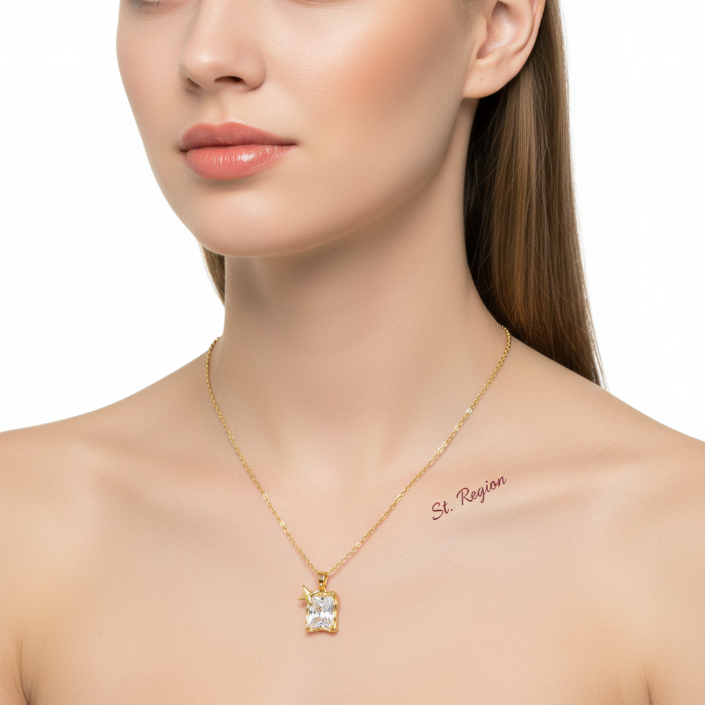 Crystal & Goldtone Star Square Pendant Necklace