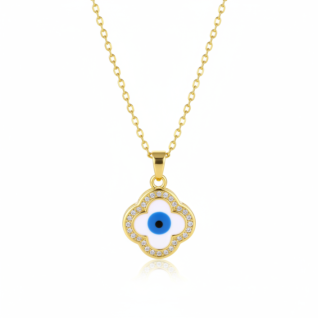 Blue Enamel & Cubic Zirconia Eye Clover Pendant Necklace