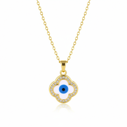 Blue Enamel & Cubic Zirconia Eye Clover Pendant Necklace