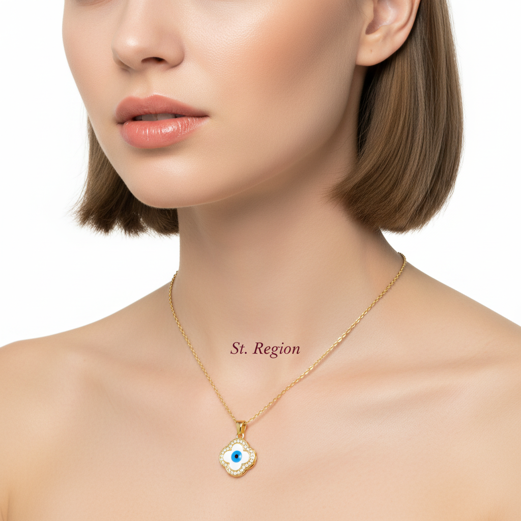 Blue Enamel & Cubic Zirconia Eye Clover Pendant Necklace