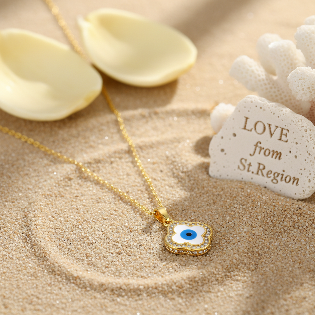 Blue Enamel & Cubic Zirconia Eye Clover Pendant Necklace
