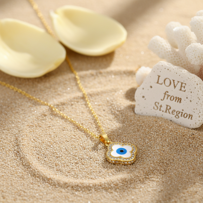 Blue Enamel & Cubic Zirconia Eye Clover Pendant Necklace