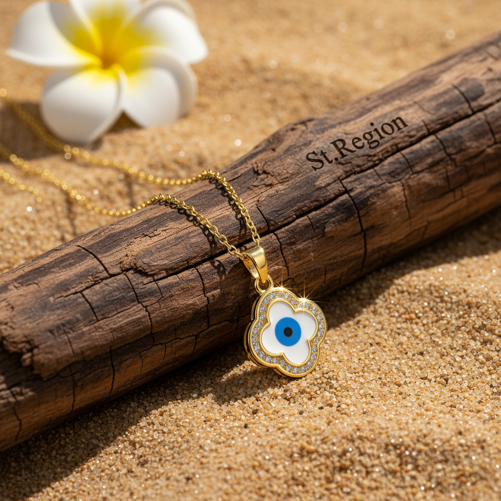 Blue Enamel & Cubic Zirconia Eye Clover Pendant Necklace