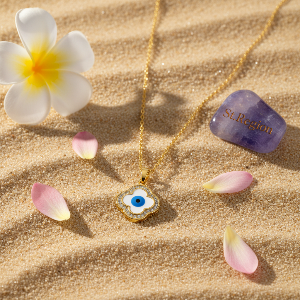 Blue Enamel & Cubic Zirconia Eye Clover Pendant Necklace