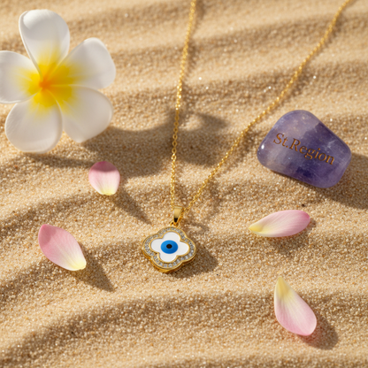 Blue Enamel & Cubic Zirconia Eye Clover Pendant Necklace