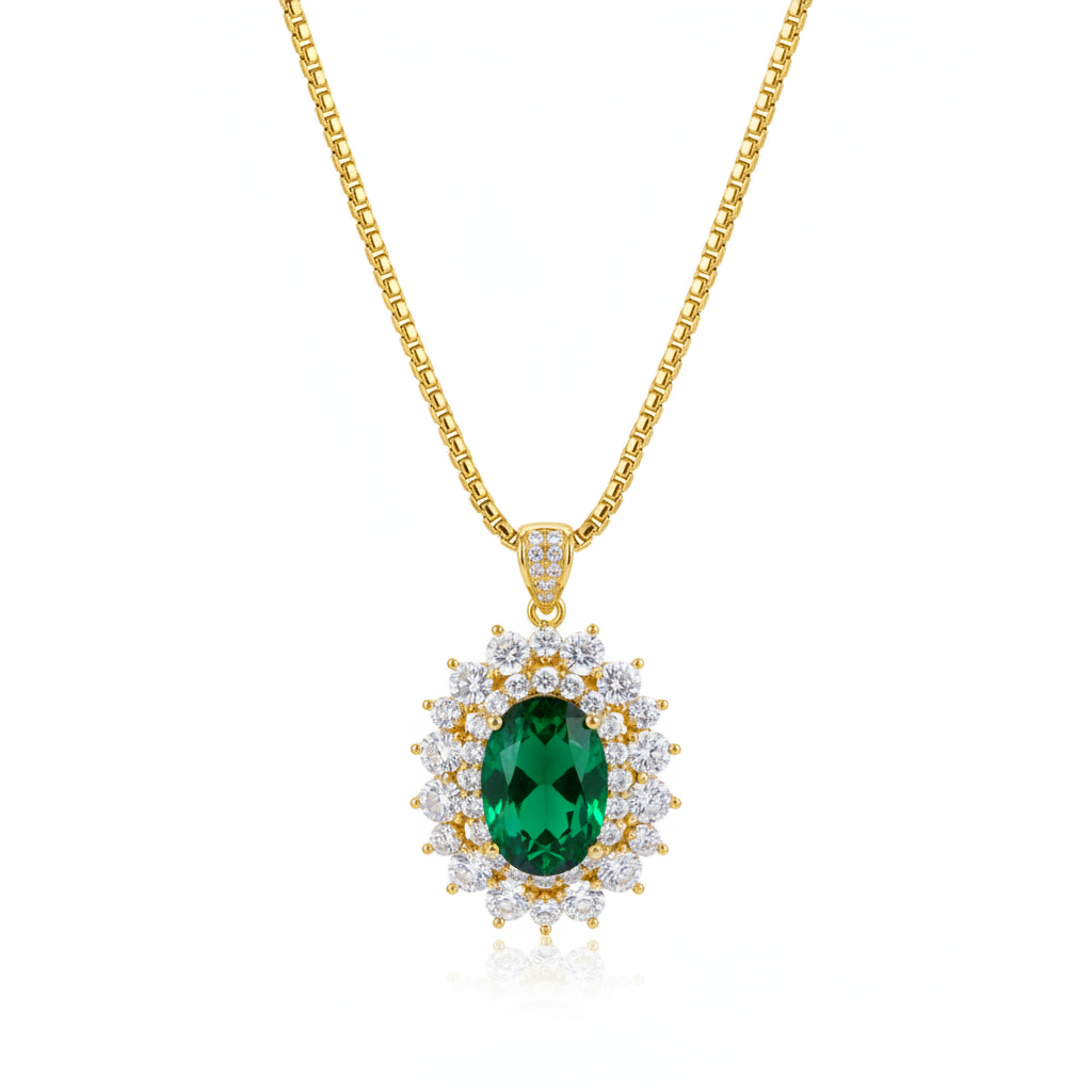 Green Crystal & Clear Cubic Zirconia Goldtone Oval Pendant Necklace