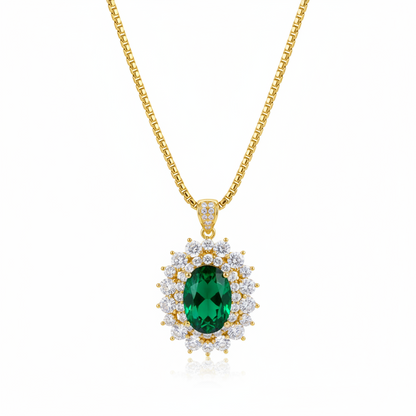 Green Crystal & Clear Cubic Zirconia Goldtone Oval Pendant Necklace