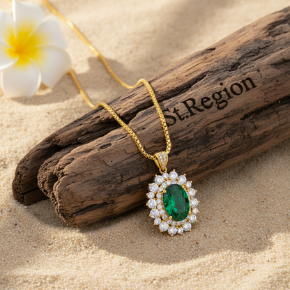 Green Crystal & Clear Cubic Zirconia Goldtone Oval Pendant Necklace
