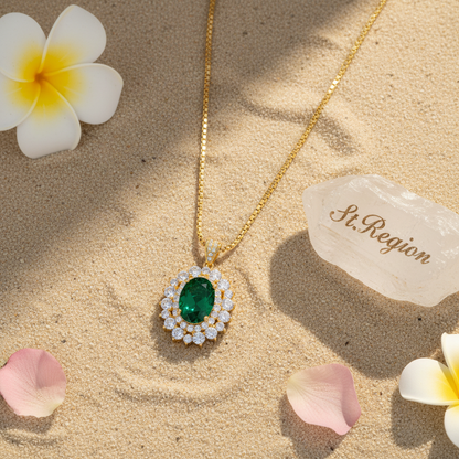 Green Crystal & Clear Cubic Zirconia Goldtone Oval Pendant Necklace