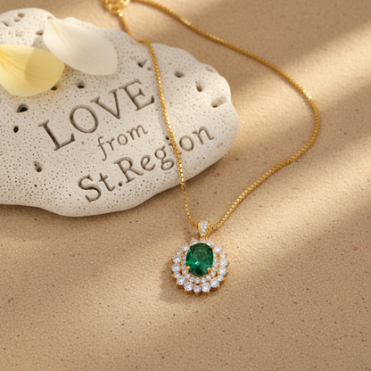 Green Crystal & Clear Cubic Zirconia Goldtone Oval Pendant Necklace