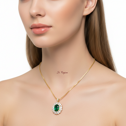Green Crystal & Clear Cubic Zirconia Goldtone Oval Pendant Necklace