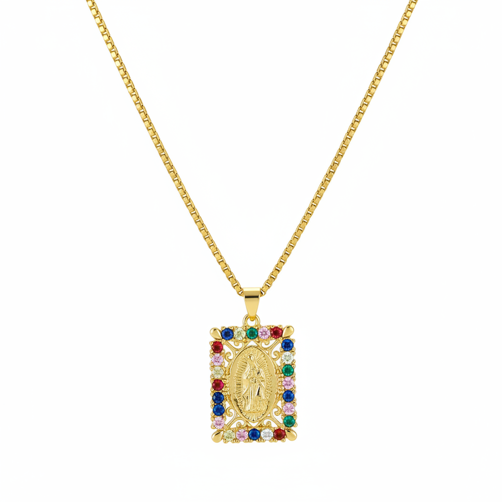 Colored Cubic Zirconia & Goldtone Marry Rectangle Pendant Necklace