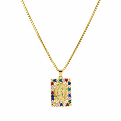 Colored Cubic Zirconia & Goldtone Marry Rectangle Pendant Necklace
